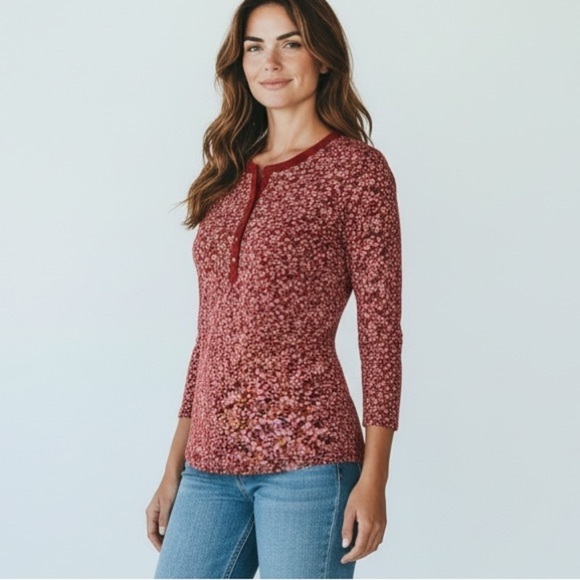 Chaps Tops - CHAPS Ditzy Print Red Long Sleeve Henley Top